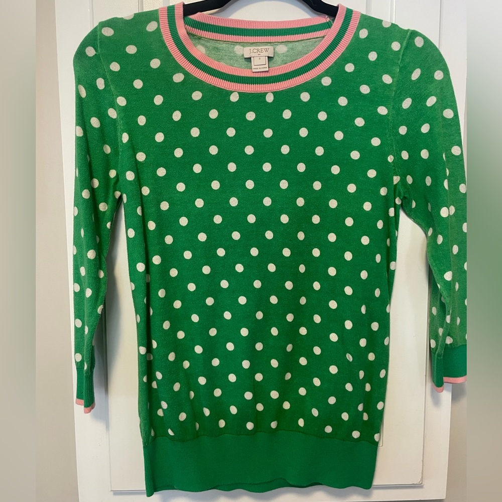 J Crew light sweater-green with white polka dots and pink trim-SM